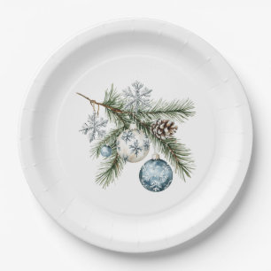 Christmas Tree Silver Snowflakes Blue Ornaments Paper Plates