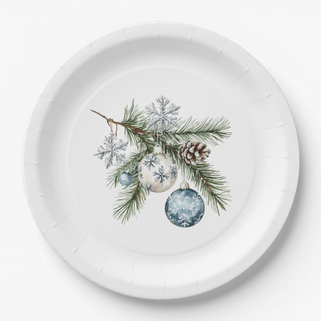Christmas Tree Silver Snowflakes Blue Ornaments Paper Plates (Front)