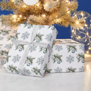 Christmas Tree Silver Snowflakes Blue Ornaments Wrapping Paper