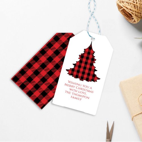 Christmas Tree Simple Cute Buffalo Check Pattern Gift Tags