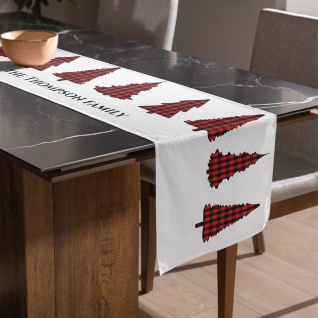 Christmas Tree Simple Cute Buffalo Check Pattern Short Table Runner (Christmas buffalo check plaid pattern Christmas tree cutout table runner.)