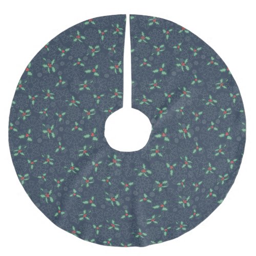 Christmas tree skirt holly and snowflakes on blue brushed polyester tree skirt
