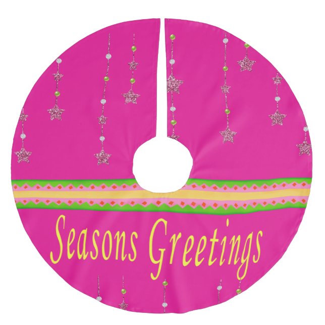 Christmas Tree Skirt Pink Seasons Greetings  (Front)