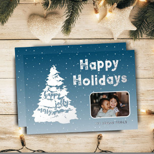 Christmas Tree Snow Family Photo Silver Foil Holiday Card