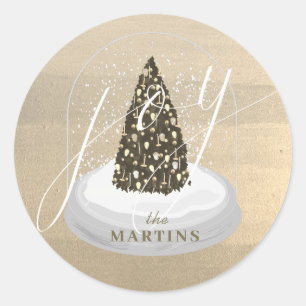 Christmas Tree Snow Globe Gold Joy Holiday Classic Round Sticker