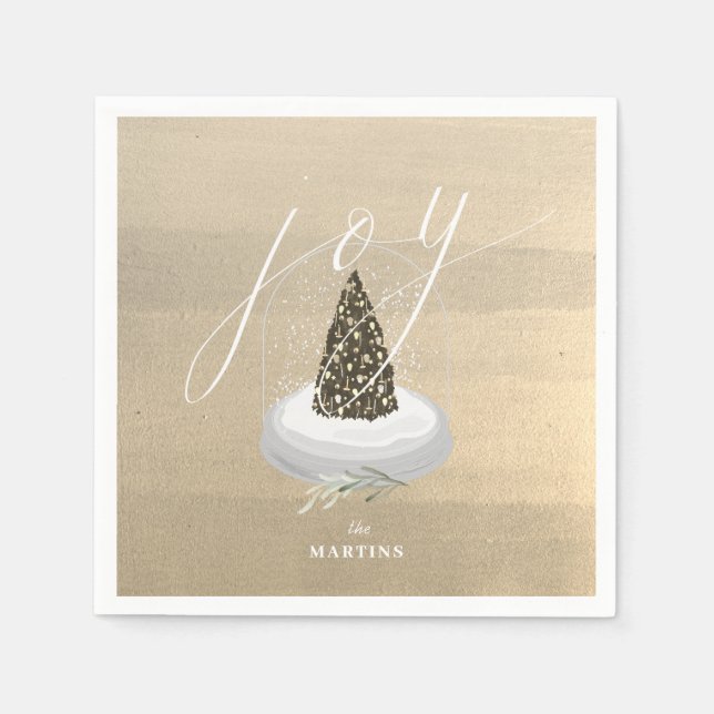 Christmas Tree Snow Globe Gold Joy Holiday Paper Napkins (Front)