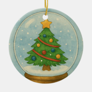 Christmas Tree Snow Globe in Watercolor Winter Ceramic Ornament