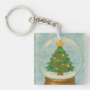 Christmas Tree Snow Globe in Watercolor Winter Keychain