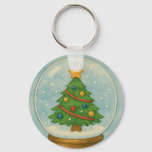 Christmas Tree Snow Globe in Watercolor Winter Keychain