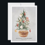 Christmas Tree Snow Happy Holidays Christmas Card<br><div class="desc">Traditional green pine Christmas Tree in basket. Decorated with a nutcracker,  French horn and classic red and white ornaments. Two lines of text below,  let you customize your holiday greeting.</div>