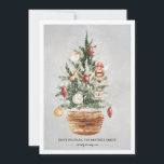 Christmas Tree Snow Happy Holidays Christmas Card<br><div class="desc">Traditional green pine Christmas Tree in basket. Decorated with a nutcracker,  French horn and classic red and white ornaments. Two lines of text below,  let you customize your holiday greeting.</div>