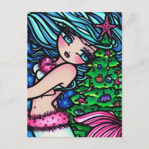 Christmas Tree Snow Mermaid Fantasy Art Postcard