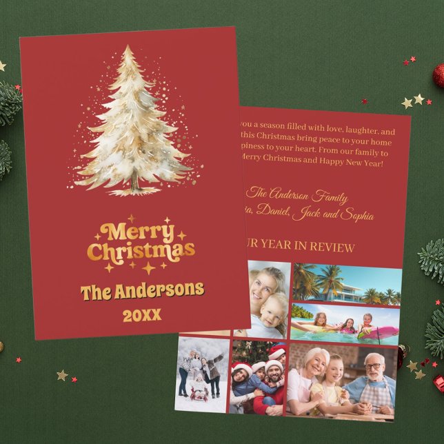 Christmas tree snow red gold photo year in review holiday card (Creator Uploaded)