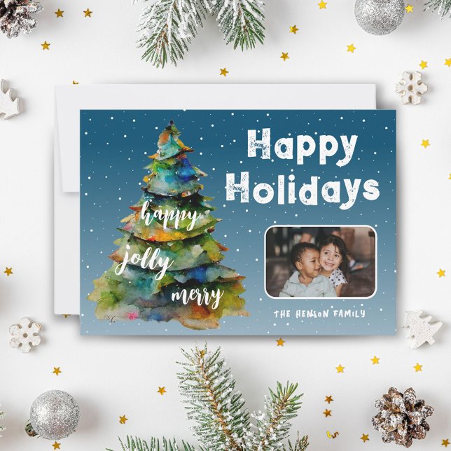 Christmas Tree Snow Watercolor Family Photo Holiday Card (Creator Uploaded)