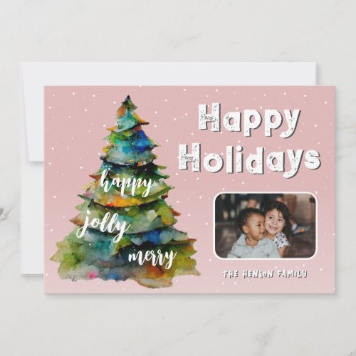 Christmas Tree Snow Watercolor Pink Family Photo Holiday Card