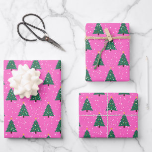 Christmas Tree, Snowfall on Pink Wrapping Paper Sheets
