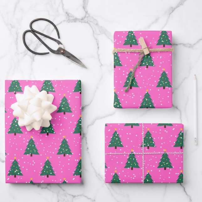 Christmas Tree, Snowfall on Pink Wrapping Paper Sheets (Front)