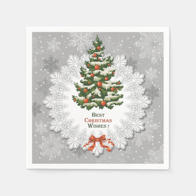 Christmas Tree, Snowflake and Red Christmas Balls Napkins (Front)