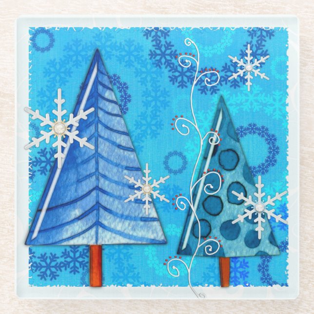 Christmas Tree & Snowflake Jeweled Glass Coaster (Front)