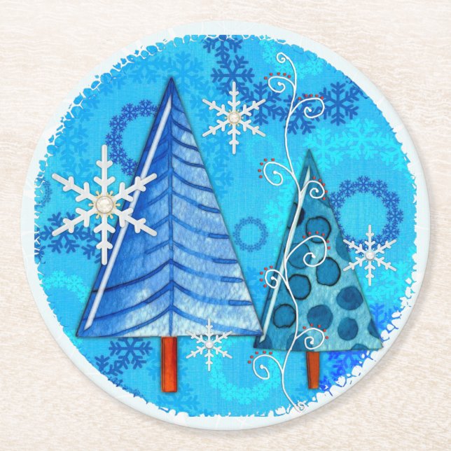 Christmas Tree & Snowflake Jeweled Round Paper Coaster (Front)