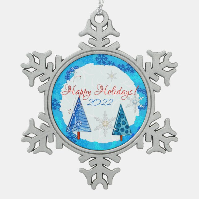 Christmas Tree & Snowflake Jeweled Snowflake Pewter Christmas Ornament (Front)