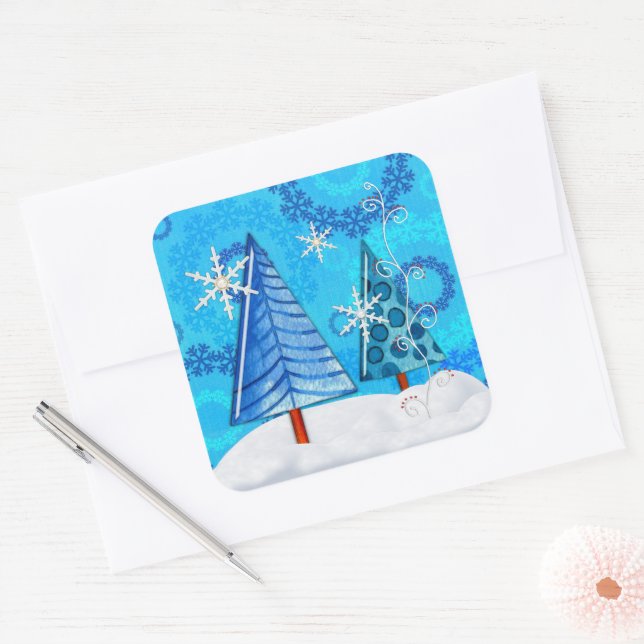 Christmas Tree & Snowflake Jeweled Square Sticker (Envelope)