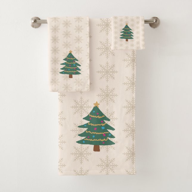 Christmas Tree Snowflake Pattern Holiday Bath Towel Set (Insitu)