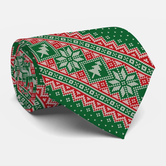 Christmas Tree Snowflake Red Green Christmas Neck Tie (Rolled)