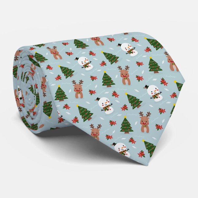 Christmas Tree Snowman and Reindeer Holiday Neck Tie (Rolled)
