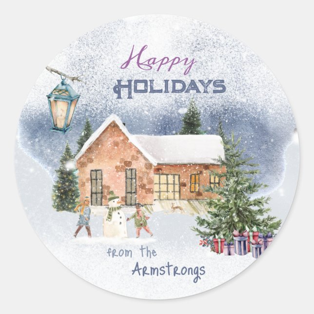 Christmas Tree Snowman Children Gifts Winter Scene Classic Round Sticker (Front)