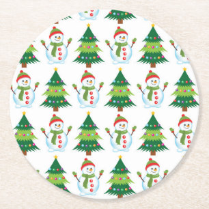 Christmas Tree Snowman Cute Holiday Cute Pattern 6 Round Paper Coaster