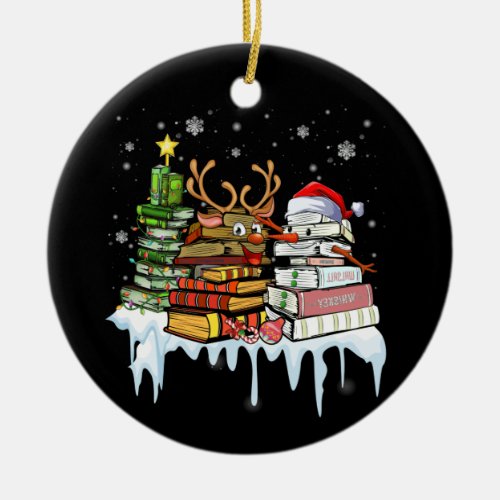 Christmas Tree Snowman Reindeer Book Librarian Ceramic Ornament