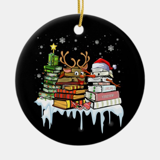 Christmas Tree Snowman Reindeer Book Librarian Ceramic Ornament (Front)