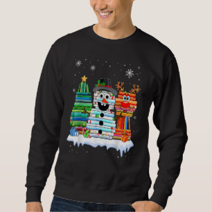 Christmas Tree Snowman Reindeer Book Stack Librari Sweatshirt
