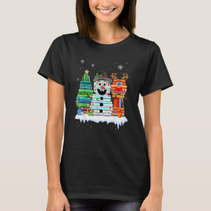 Christmas Tree Snowman Reindeer Book Stack Librari T-Shirt