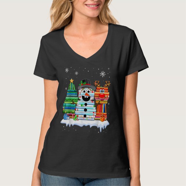 Christmas Tree Snowman Reindeer Book Stack Librari T-Shirt (Front)