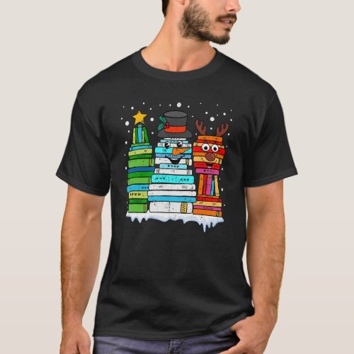 Christmas Tree Snowman Reindeer Book Stack Librari T_Shirt