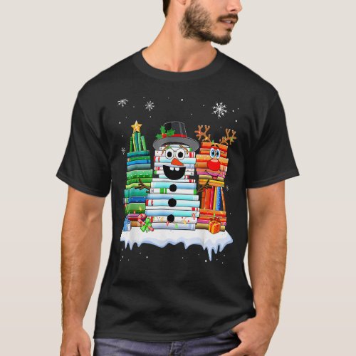 Christmas Tree Snowman Reindeer Book Stack Librari T_Shirt