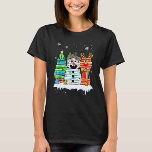 Christmas Tree Snowman Reindeer Book Stack Tee For