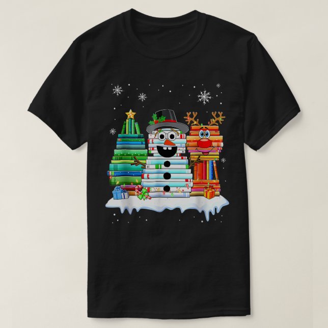 Christmas Tree Snowman Reindeer Book Stack Tee For (Design Front)