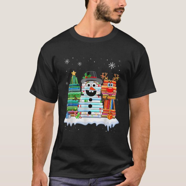 Christmas Tree Snowman Reindeer Book Stack Tee Lib (Front)