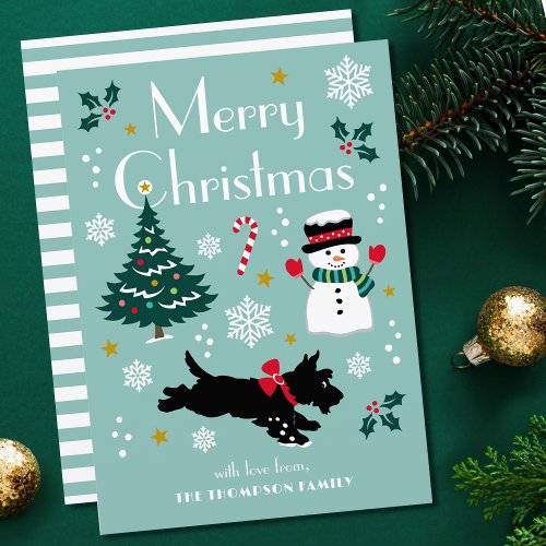 Christmas Tree Snowman Scottie Blue Green Flat Holiday Card