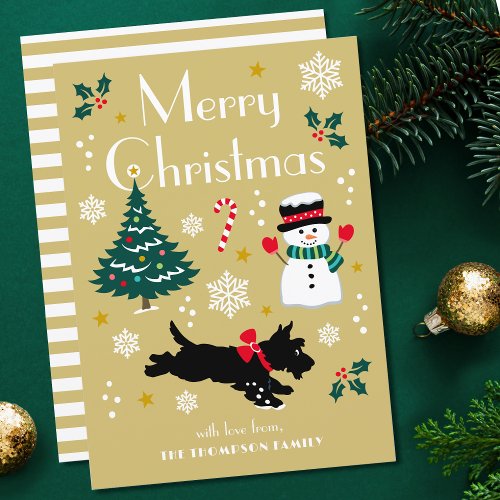 Christmas Tree Snowman Scottie Custom Gold Flat Holiday Card