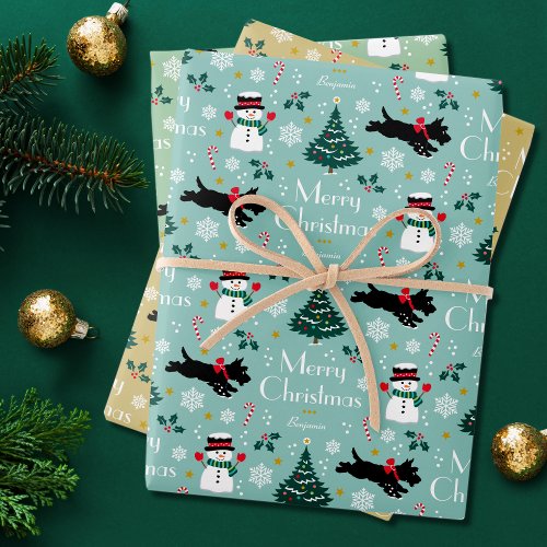 Christmas Tree Snowman Scottie Dog Custom 3 Flat Wrapping Paper Sheets