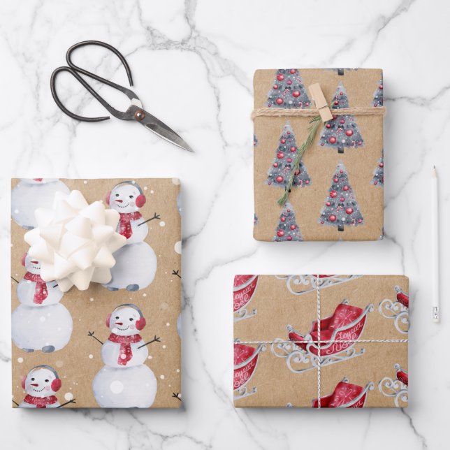 Christmas Tree Snowman Sleigh Kraft Wrapping Paper Sheets (Front)