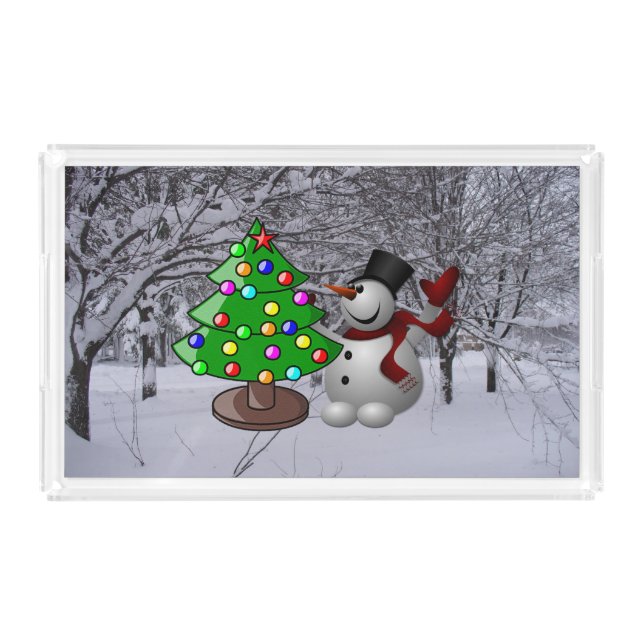 Christmas Tree, Snowman, Snow Scene Acrylic Tray (Front)