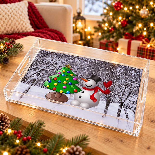 Christmas Tree, Snowman, Snow Scene Acrylic Tray (Christmas Tree Snowman Snow Scene Acrylic Tray)