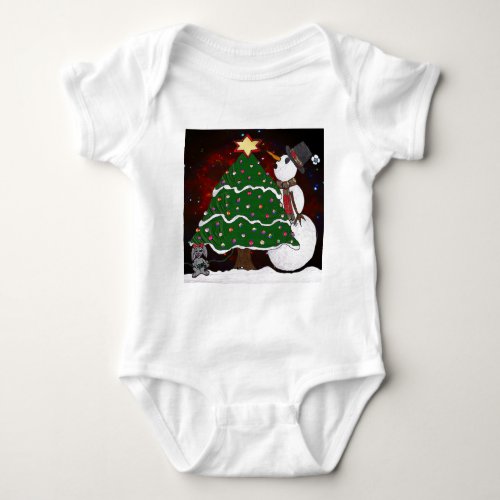 Christmas Tree Snowman Surprise Art Print Baby Bodysuit