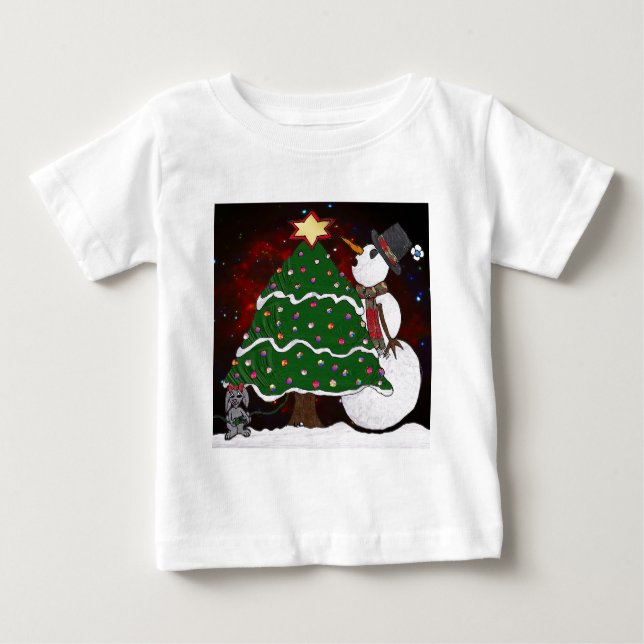 Christmas Tree Snowman Surprise Art Print Baby T-Shirt (Front)