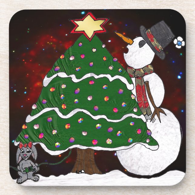 Christmas Tree Snowman Surprise Art Print Beverage Coaster (Front)